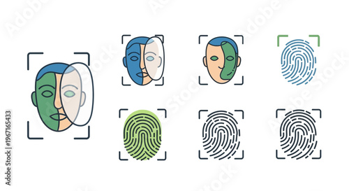 Biometric icons, fingerprint and face recognition symbols, identity verification graphics, security and authentication vector set