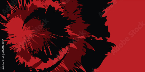 Abstract explosive paint splash design, bold red and black high contrast composition, chaotic ink splatter forming a dynamic burst shape