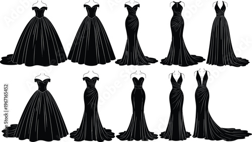 Collection of ten evening gown silhouettes, elegant fashion dress designs with diverse necklines, waistlines, skirt styles illustration – flavector