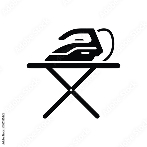 Simple black icon depicting an iron resting on an ironing board