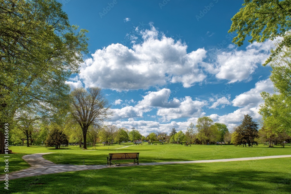 Fototapeta premium Serene park open space with green grass, blue sky, and fluffy clouds
