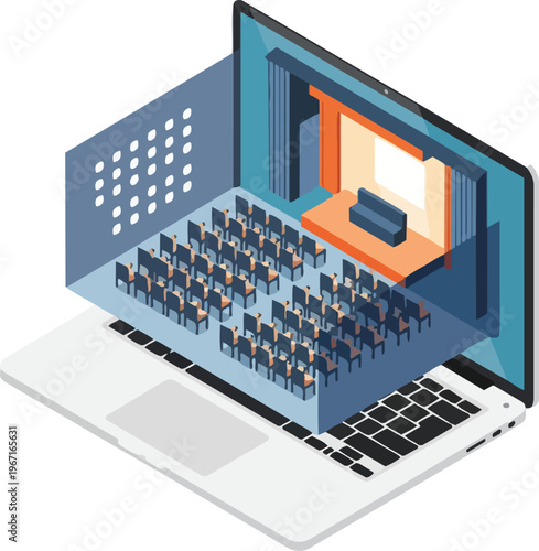 Online Virtual Event and Webinar Concept: Isometric Laptop with 3D Theater Stage and Audience Seating Illustration