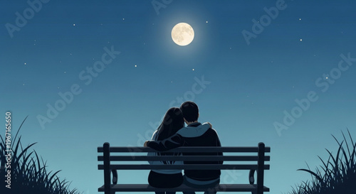 Couple sitting on bench under full moon and stars at night embracing in love and tranquility outdoors
