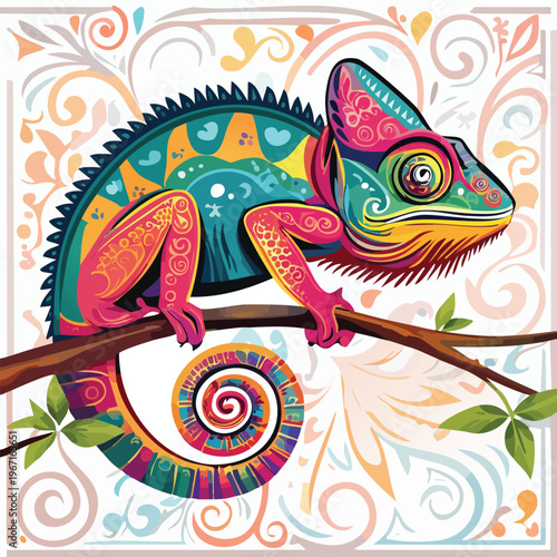 Colorful chameleon on branch illustration with decorative background