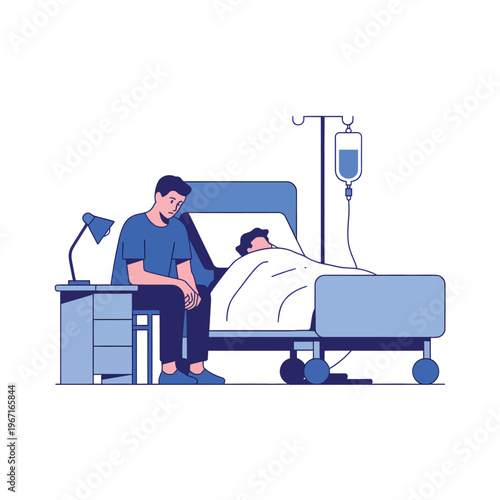 A concerned man sits beside a patient in a hospital bed