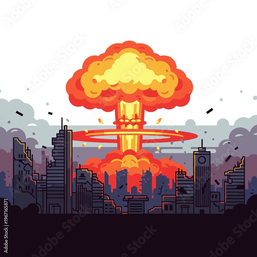 Nuclear Explosion Over Ruined Cityscape - Catastrophe and Destruction