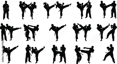 Collection of karate martial arts silhouettes, fighter poses, kickboxing combat icons, taekwondo sparring athletes for sports design, fitness training, and competition