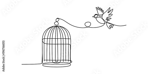 A single continuous line drawing of a bird flying away from an open metal birdcage for freedom. Vector, illustration