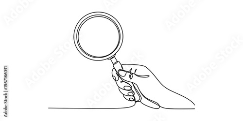 A continuous line drawing of a hand holding a magnifying glass for inspection and observation. Vector, illustration