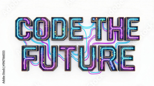 Coding the future with glowing neon circuit typography