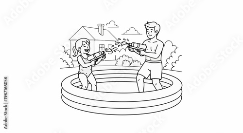 Two children joyfully spray water guns in an inflatable pool