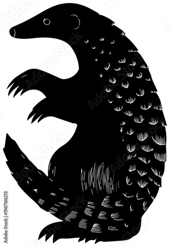 A black and white drawing of a pangolin standing on its hind legs