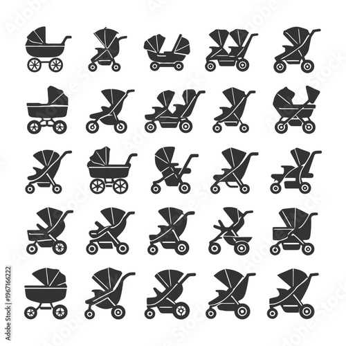 Collection of various baby stroller icons in a simple design.
