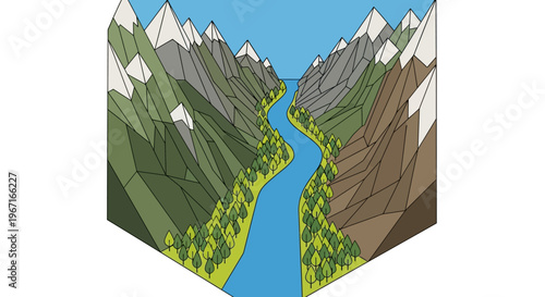 Stylized Mountain Valley with River and Forest.