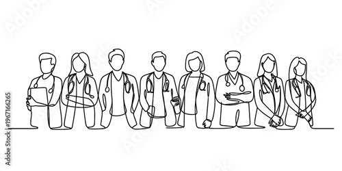 A single line drawing representing a diverse team of medical professionals standing in a row Vector, illustration