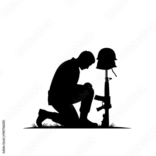 Soldier Kneeling Beside Battle Cross Memorial Silhouette