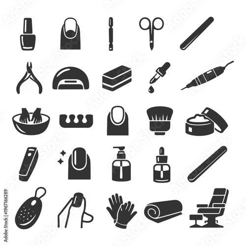 Manicure and pedicure icons: tools and products for nail care.