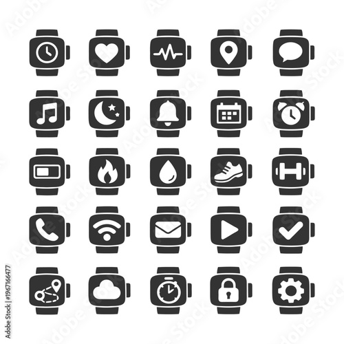 Set of 25 smartwatch app icons representing fitness, communication, and navigation functions.