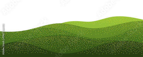Green meadow with noisy stipple effect. Wavy green yellow farmland landscape background with layered field collage texture.