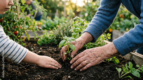 Grandmother teaching grandchild planting seedling in organic garden