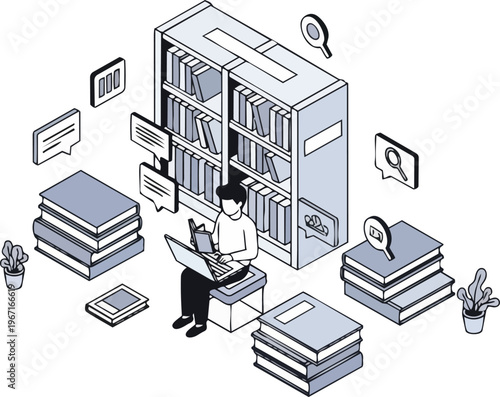 Isometric student studying in digital and physical library with laptop and books. Concept of online learning, research, and education.