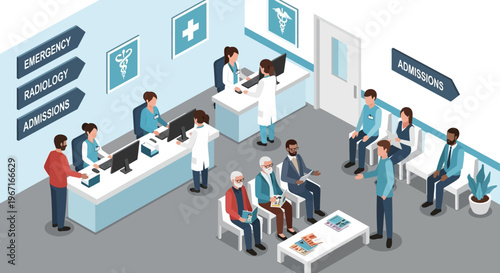 Hospital waiting room with patients and medical staff.