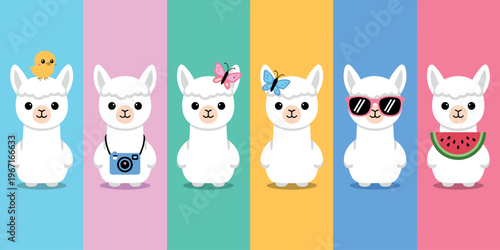 Cute cartoon white llamas with accessories in pastel rainbow background flat design illustration