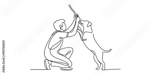 A continuous line drawing of a person playing fetch with their happy dog in a minimalist style Vector, illustration