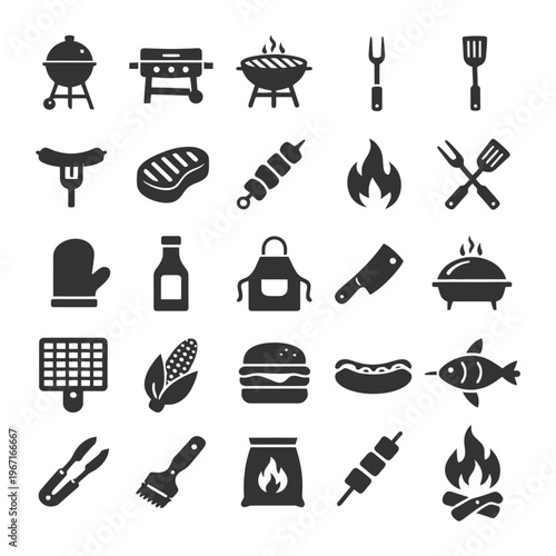 Barbecue icons collection: grill, burger, sausage, fork, fire, cooking tools.