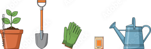 Gardening tools and plant care illustration set featuring potted plant, shovel, gloves, fertilizer packet and watering can for outdoor garden design