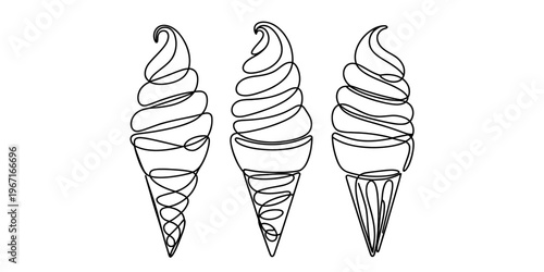 Three minimalist continuous line drawings of soft serve ice cream cones on a plain white background Vector, illustration