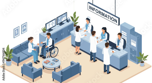 Hospital Information Desk with Medical Staff and Patients.
