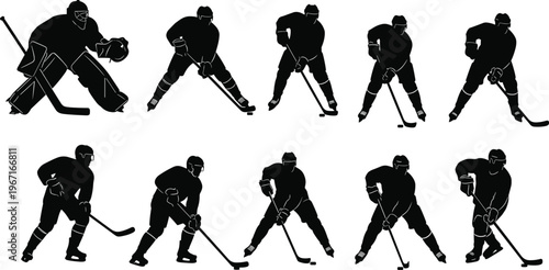 Ice Hockey Player Silhouette Set Action Poses Skating Shooting Goalkeeper Collection Isolated on White Background Sports Illustration for Team Logo Design