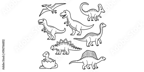 A collection of various prehistoric dinosaur species for children to color in a black and white Vector, illustration