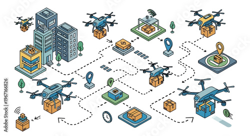 Drone delivery network illustration showing logistics and urban transport.