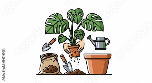 Houseplant repotting illustration with tools and soil