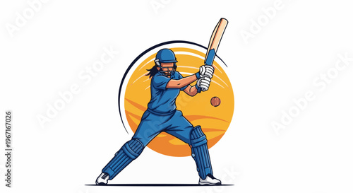 Illustration of a female cricketer in blue uniform batting a ball against an orange circular background