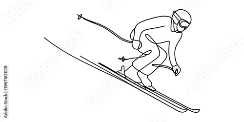 A continuous line drawing of a person skiing down a steep mountain slope wearing winter gear Vector, illustration
