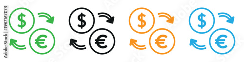 Currency exchange icons in green, Black, Orange, And blue on white background vector illustration