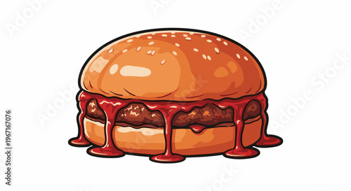 Juicy double burger with dripping red sauce and sesame seed bun