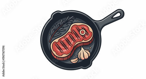 Juicy grilled steak with rosemary and garlic in a cast iron pan