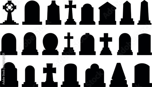Set of black funeral and cemetery icons isolated on white background vector illustration