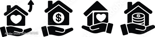 Housing assistance fund silhouette icon set in black color isolated on white background with home and financial support symbols for social aid concepts
