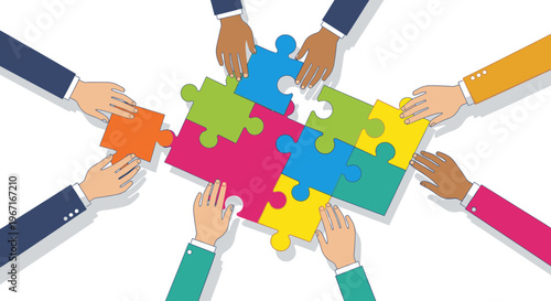 Diverse hands assembling colorful puzzle pieces together