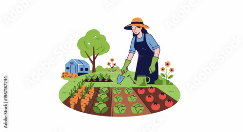 Person tending a vibrant garden with vegetables, flowers, and a greenhouse