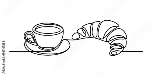 A continuous line drawing depicting a cup of coffee and a flaky croissant on a simple background Vector, illustration