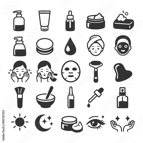 Skincare icons: products, routine, tools, and facial treatments.