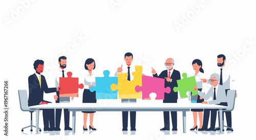 Business team working together, solving puzzle pieces at office table