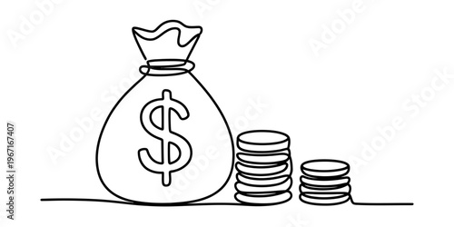 Continuous line drawing of a money bag and stacks of coins representing wealth and investment Vector, illustration