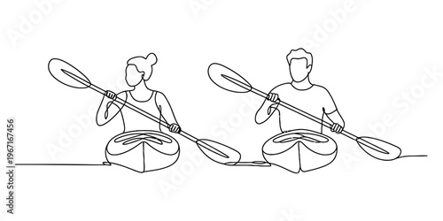 Continuous line drawing of a man and a woman paddling together in separate kayaks on the water Vector, illustration